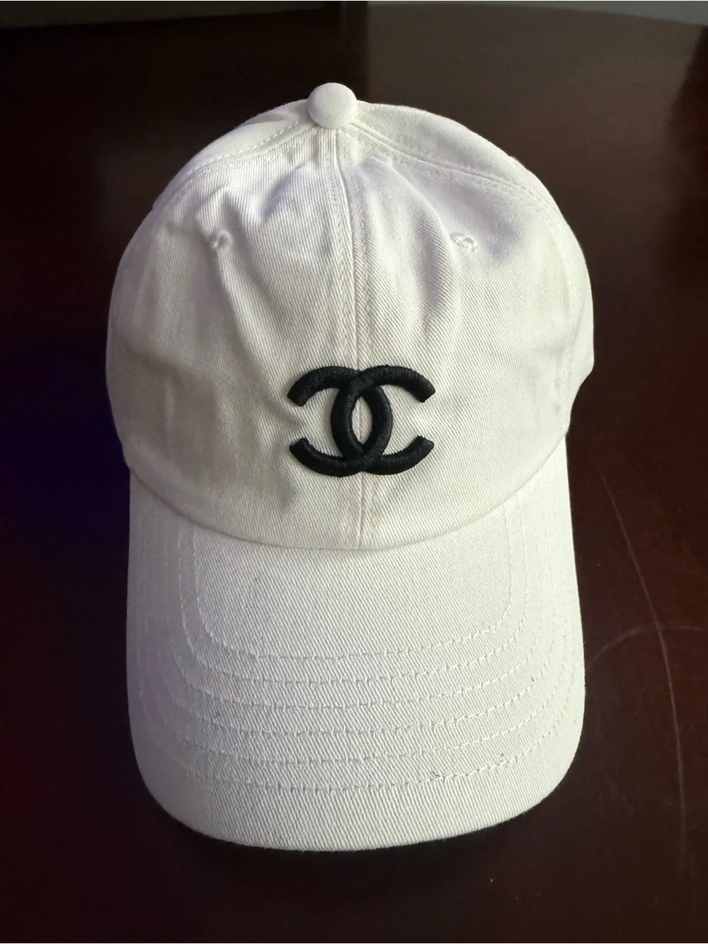 CHANEL White Baseball Cap with Black CC Logo